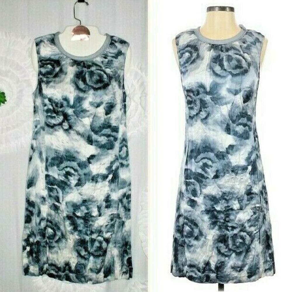 Ann Taylor Silk Blend Dress Size 4 Blue Gray Watercolor Print Crinkle Sleeveless